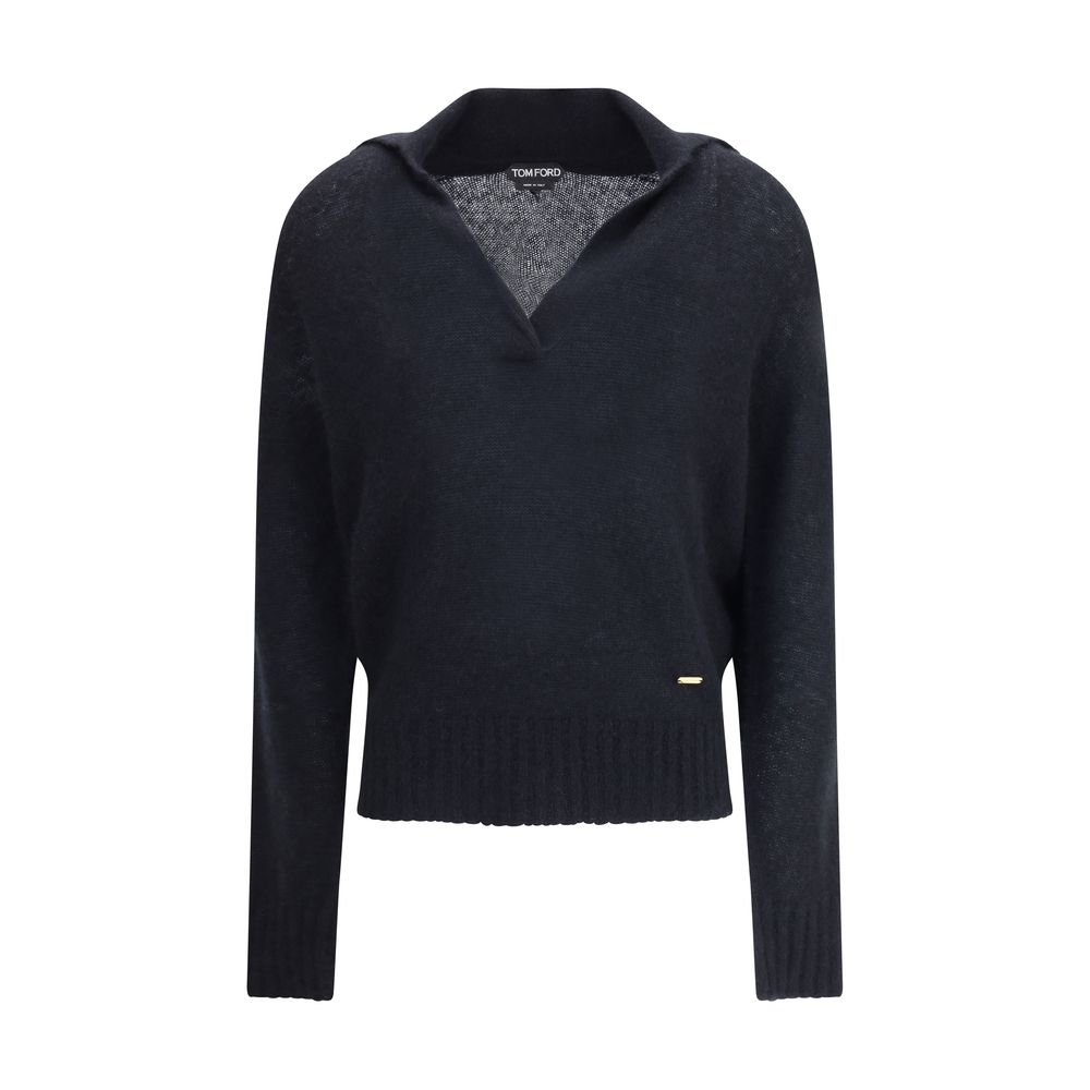 Tom Ford Black Cashmere Cashmere Sweater, elegant wool polo sweater with a ribbed hem and cuffs, perfect for sophisticated casual looks.