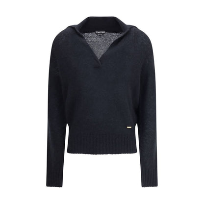 Tom Ford Black Cashmere Cashmere Sweater, elegant wool polo sweater with a ribbed hem and cuffs, perfect for sophisticated casual looks.