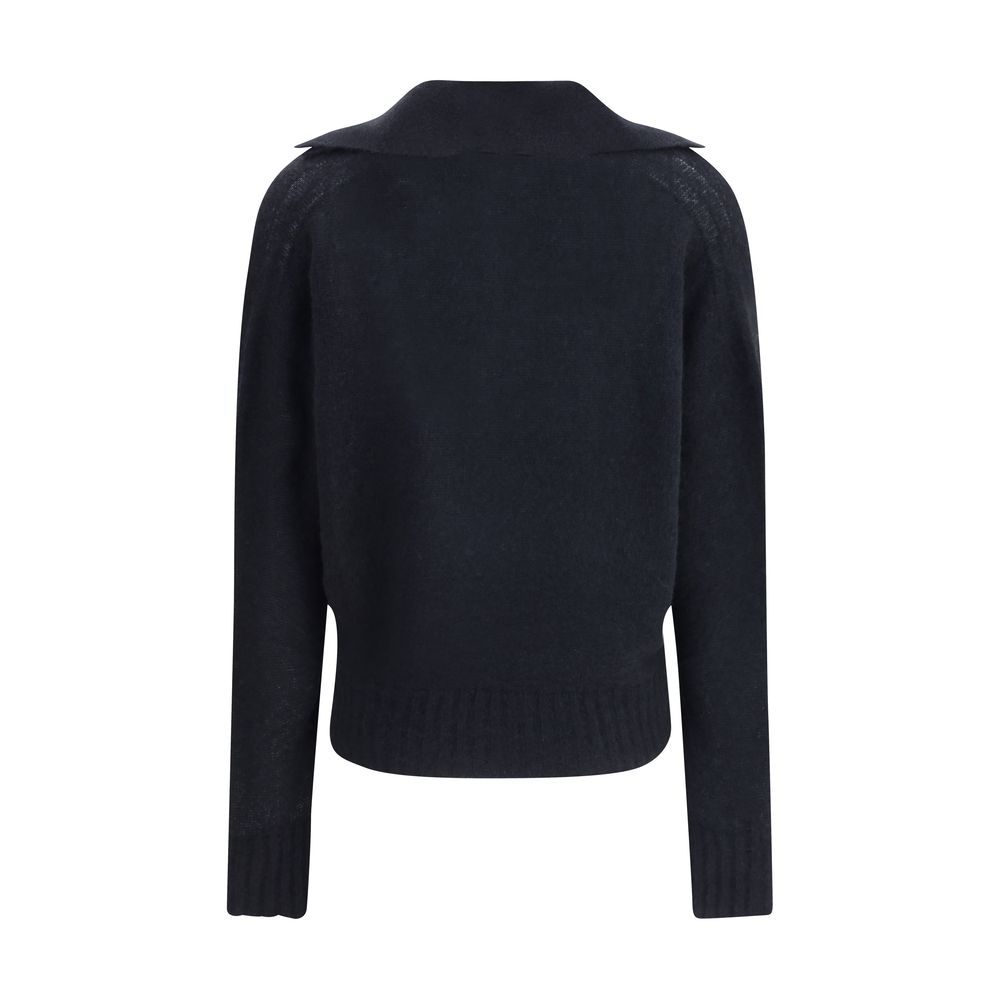 Back view of Tom Ford Black Cashmere Cashmere Sweater with polo-style collar and ribbed hem, made from wool and silk for a refined look.