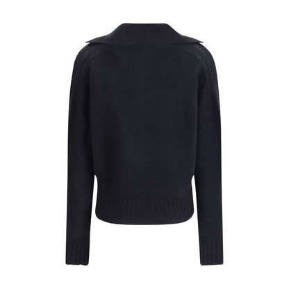 Back view of Tom Ford Black Cashmere Cashmere Sweater with polo-style collar and ribbed hem, made from wool and silk for a refined look.