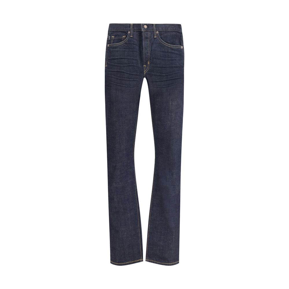 Tom Ford Blue Cotton Straight-Leg Jeans featuring 100% cotton, button closure, 5-pocket design, ideal for casual elegance, AW25 season.