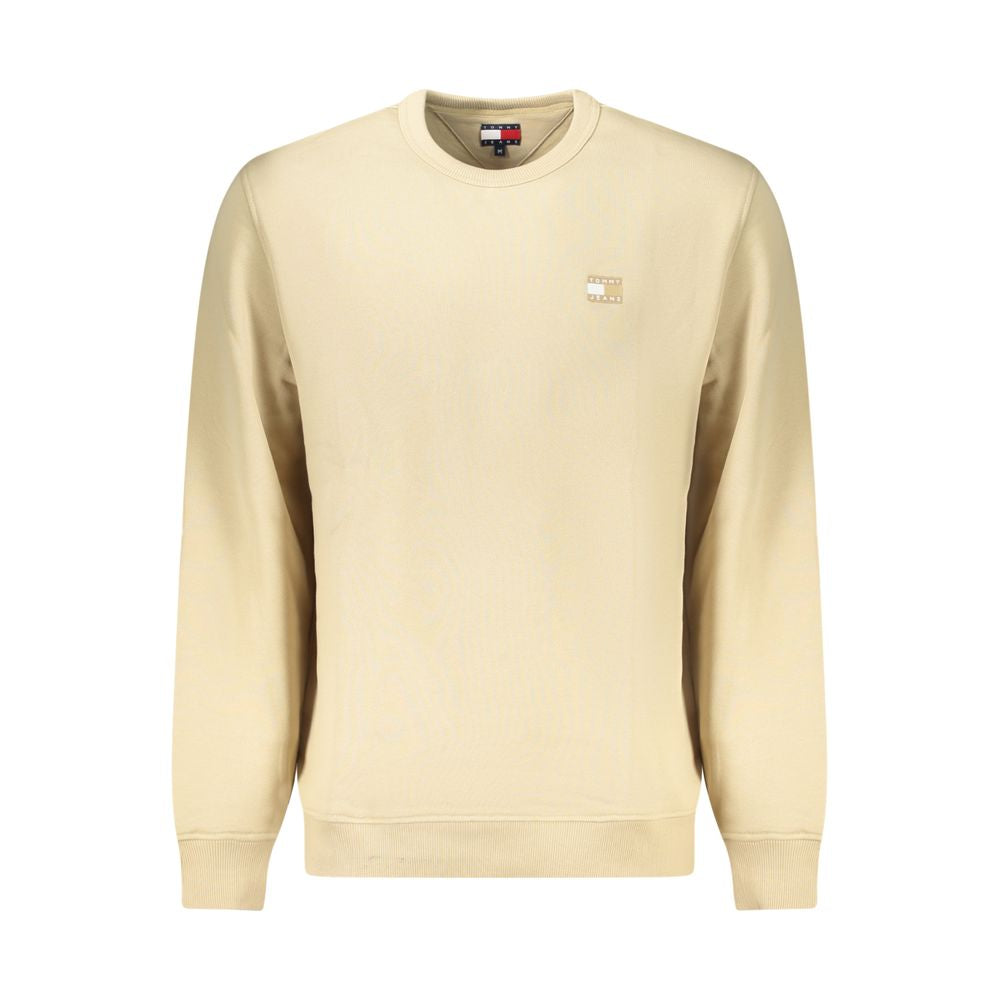Tommy Hilfiger Beige Cotton Men Sweater with crew neck and applique logo, long-sleeved, made from regenerative cotton.