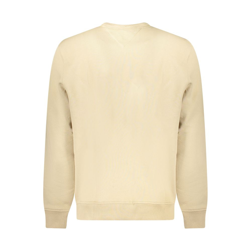 Tommy Hilfiger Beige Cotton Men Sweater with long sleeves and crew neck, featuring plush brushed finish and applique logo, view from back.