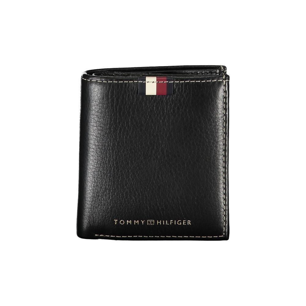 Tommy Hilfiger Black Leather Men Wallet with textured detail and logo, showcasing elegant craftsmanship and multiple compartments.