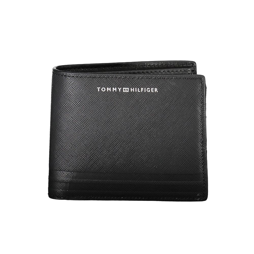 Tommy Hilfiger Black Leather Men Wallet with textured detail and logo, showcasing elegant craftsmanship and multiple compartments.