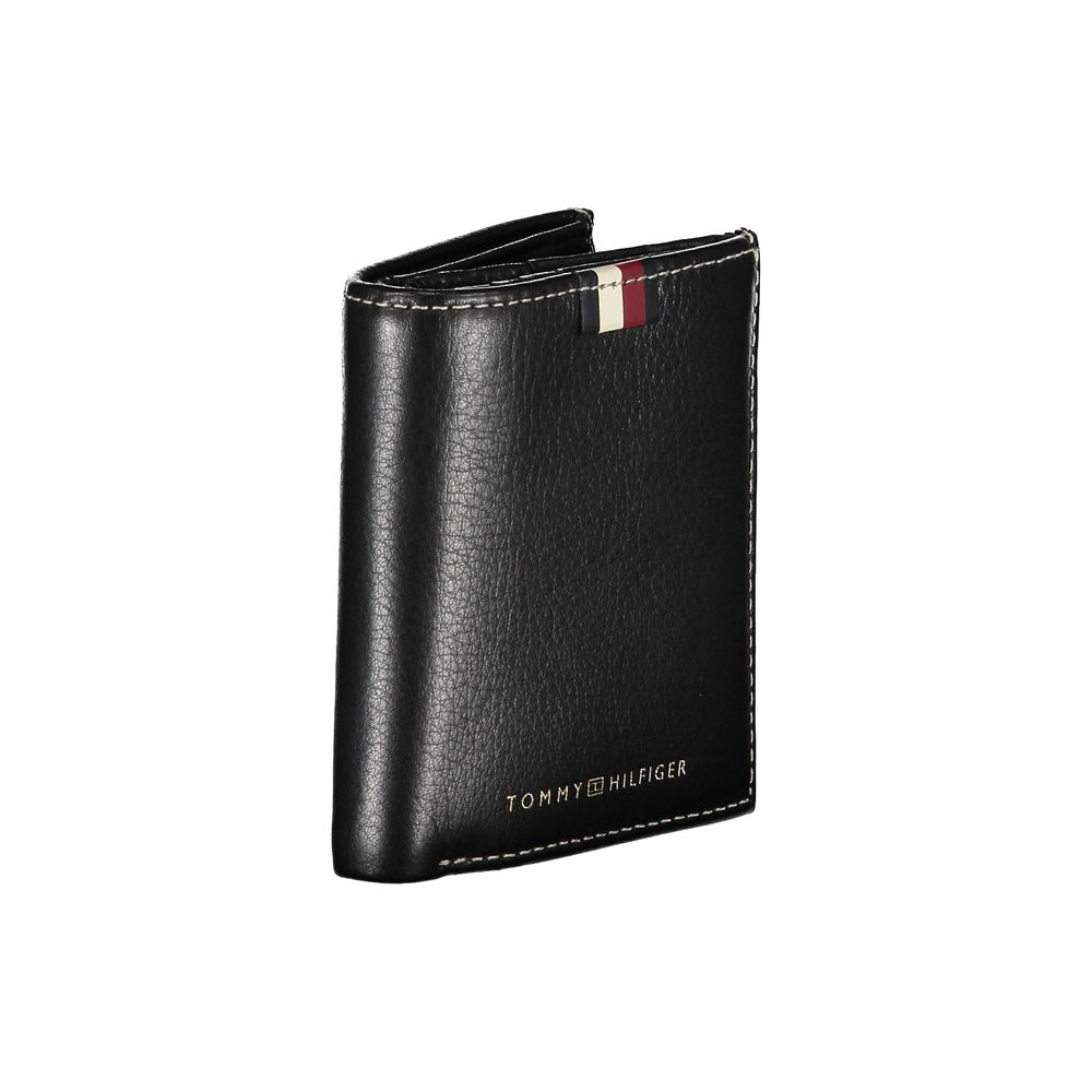 Tommy Hilfiger Black Leather Men Wallet open view showcasing card slots and coin purse.