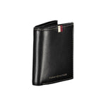 Tommy Hilfiger Black Leather Men Wallet open view showcasing card slots and coin purse.