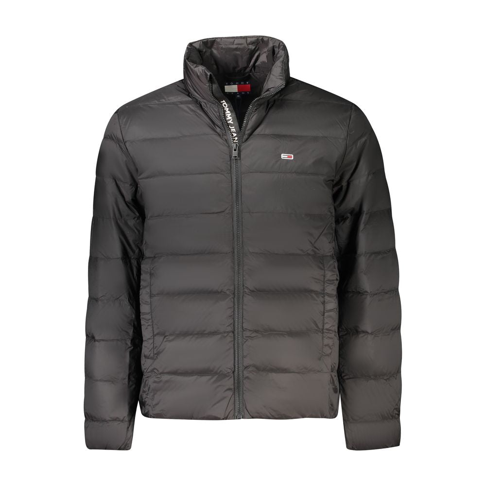 Tommy Hilfiger Black Polyamide Men Jacket with zip closure, made from recycled materials, featuring long sleeves and pocket space.