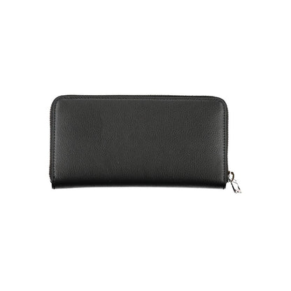 Tommy Hilfiger Black Polyester Wallet with zip closure and logo, features 5 compartments, coin purse, card spaces, recycled material.