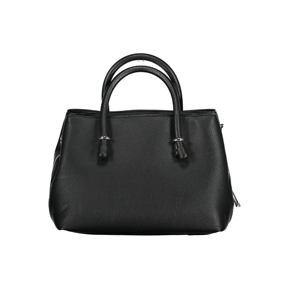 Tommy Hilfiger Black Polyethylene Handbag with dual handles, adjustable strap, external pockets, and logo on front.