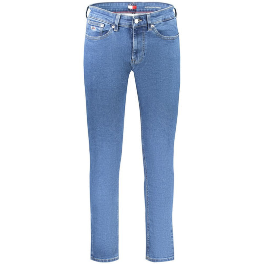 Tommy Hilfiger Blue Cotton Men Slim Tapered Jean with logo detailing and stretchy fit.