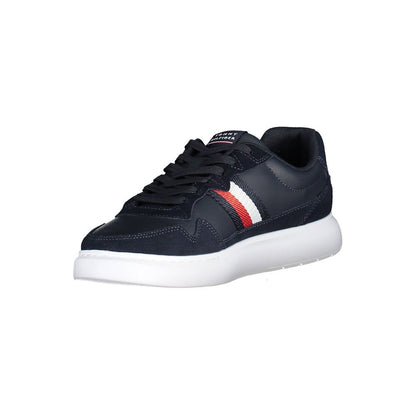 Tommy Hilfiger Blue Leather Men Sneaker with white sole and iconic logo stripe, showcasing sleek design and comfort.