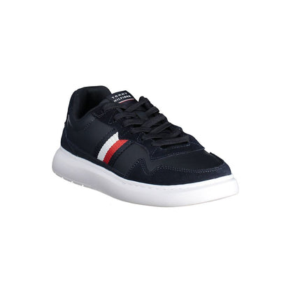 Tommy Hilfiger Blue Leather Men Sneaker with iconic red and white stripe design, showcasing sophisticated style and lasting comfort.