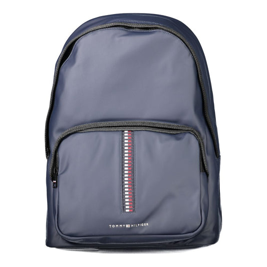 Tommy Hilfiger Blue Polyethylene Backpack with logo, external pocket, adjustable straps, and laptop compartment.