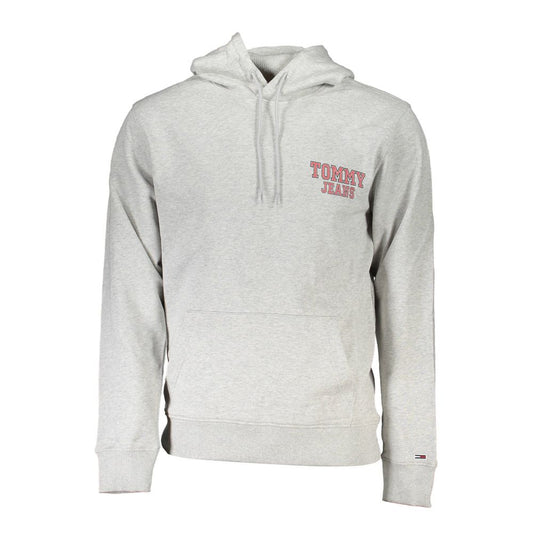 Tommy Hilfiger Gray Cotton Men Sweater with hood and central pocket, featuring iconic Tommy Jeans logo, perfect for stylish comfort.