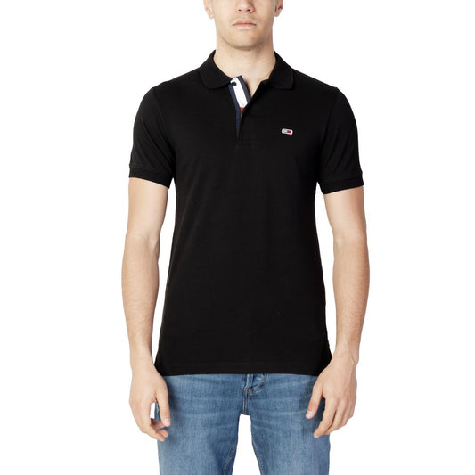 Tommy Hilfiger Jeans Black Cotton Polo Shirt for men, featuring a slim fit and classic collar, ideal for a stylish and comfortable look.