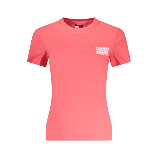 Tommy Hilfiger Pink Cotton Women T-Shirt with crew neck and logo print, made from sustainable materials.