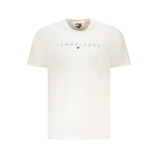 Tommy Hilfiger White Cotton Men T-Shirt with logo embroidery, crew neck style, crafted from 95% regenerative cotton for eco-conscious fashion.