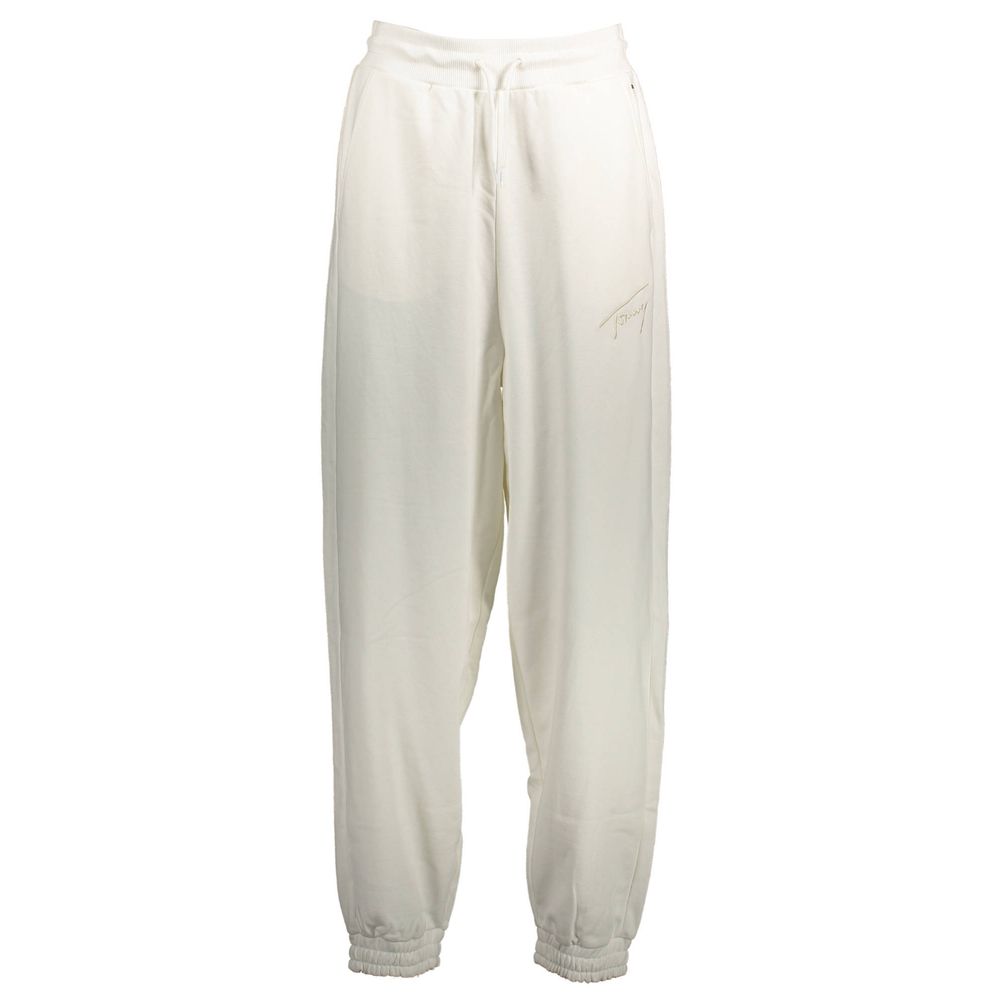 Tommy Hilfiger White Cotton Pant with elastic waistband, laces, 2 pockets, and embroidery. Made from 100% recycled fiber blend.