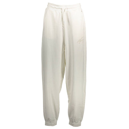 Tommy Hilfiger White Cotton Pant with elastic waistband, laces, 2 pockets, and embroidery. Made from 100% recycled fiber blend.