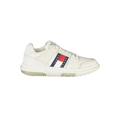 Tommy Hilfiger White Leather Women Sneaker with bold contrasting details and signature logo on the side view of the shoe.