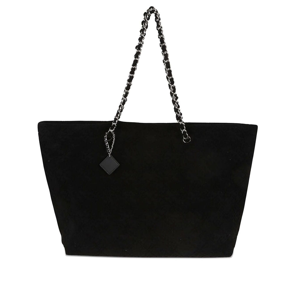 Tory Burch Ella Chain-strap Tote Bag in black with chain straps and hanging tag, open top, cotton material, size 30x50x15 cm.