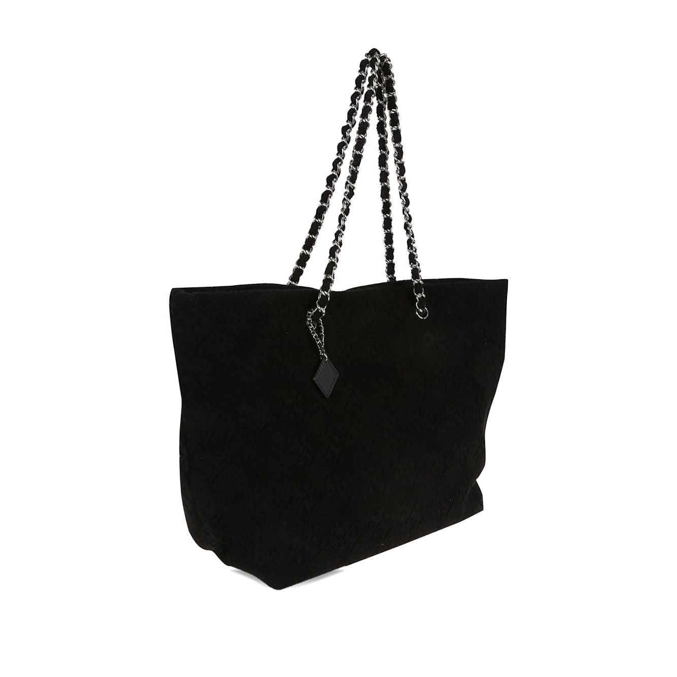 Tory Burch Ella Chain-strap Tote Bag in black with chain straps, open top design, and hanging tag, dimensions: 15 cm x 30 cm x 50 cm.