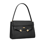 Tory Burch Lee Radziwill large leather handbag in black pebble leather with gold-tone hardware and clasp closure.