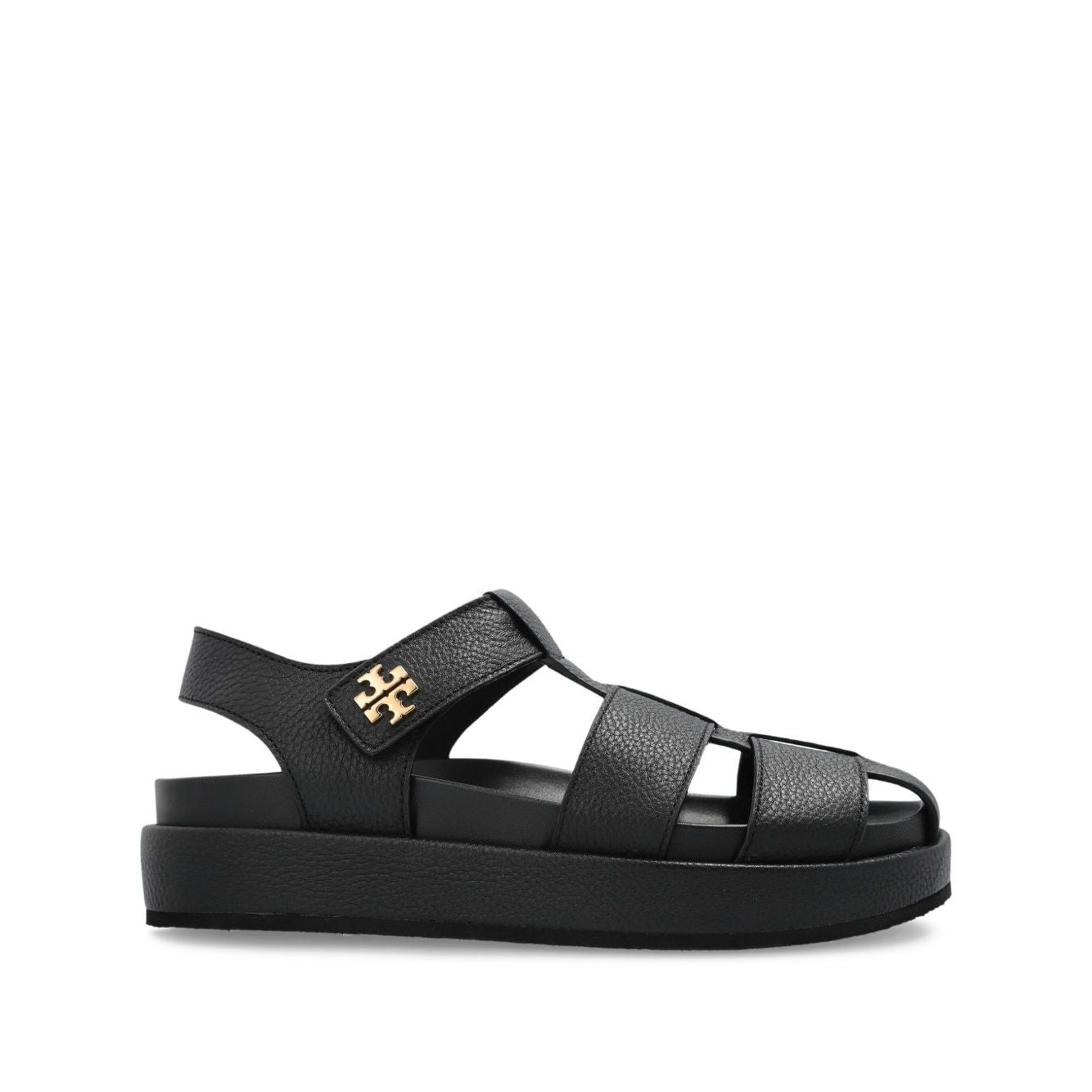 Tory Burch Sandals Black with multiple straps, logo detail, cushioned sole, open toe, flat base, Kira Fisherman Sport leather sandals.
