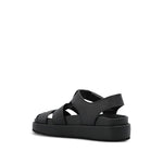 Tory Burch Sandals Black with multiple straps, logo detail, cushioned sole, open toe, flat base, Kira Fisherman Sport leather sandals