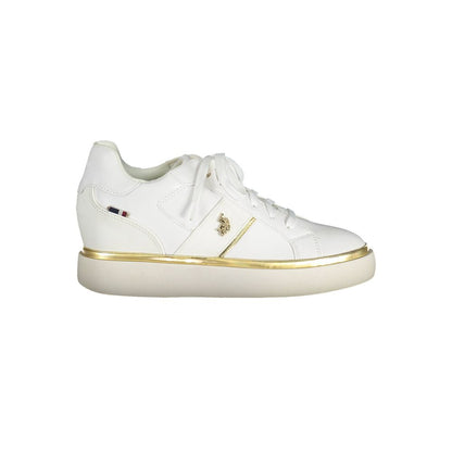 U.S. POLO ASSN. White Polyester Women Sneaker with gold accents, perfect for active lifestyle, featuring luxury logo and sporty design.