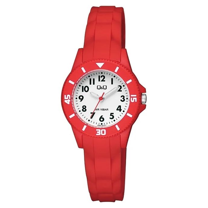 Q&Q Mod. KID ONLY TIME baby wristwatch, red resin case and strap, water resistant 10 ATM, quartz movement, mineral dial.