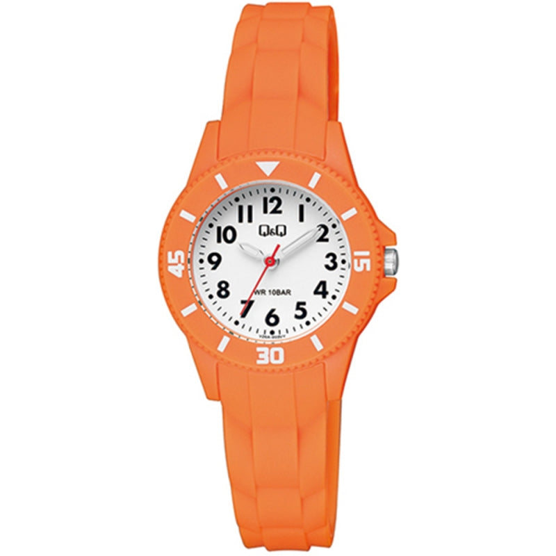 Q&Q Mod. KID ONLY TIME orange resin wristwatch for babies, water resistant 10 ATM, quartz movement, official packaging included.