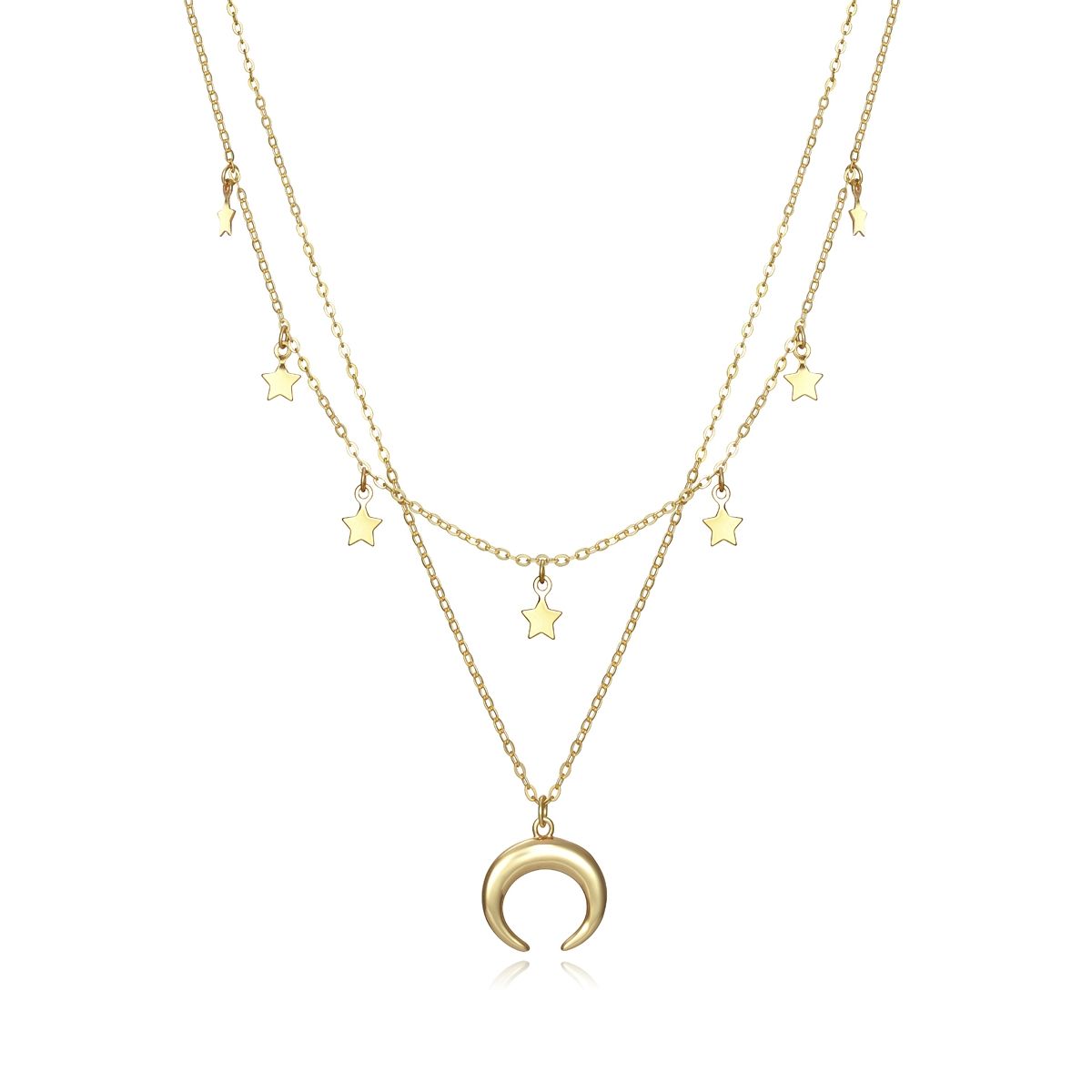 Gold layered necklace with star and moon pendants, perfect women's jewelry accessory for stylish outfits and special occasions.