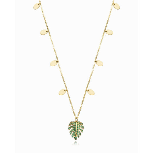 Gold leaf necklace with green gemstones, stylish jewelry piece for ladies. VICEROY JEWELS Mod. 13043C100-32, silver 925°, in official box.
