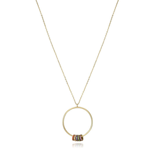 Elegant gold necklace with a circular pendant adorned with multicolored gemstones
