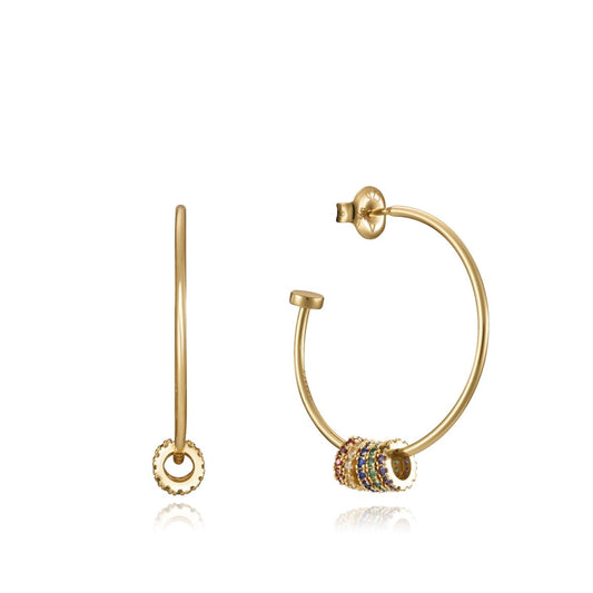 Elegant gold hoop earrings adorned with colorful gemstones, suitable for ladies. Perfect accessory for any occasion.