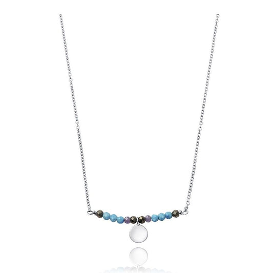 Elegant necklace with turquoise and purple beads, featuring a silver pendant, displayed on a white background.