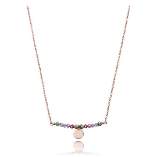 Elegant rose gold necklace with colorful beads and a circular pendant, stylish jewellery for women's fashion.