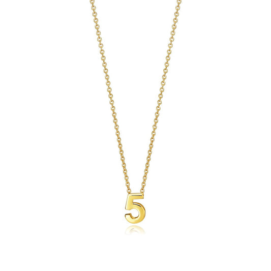 Gold number 5 pendant necklace on a chain with white background