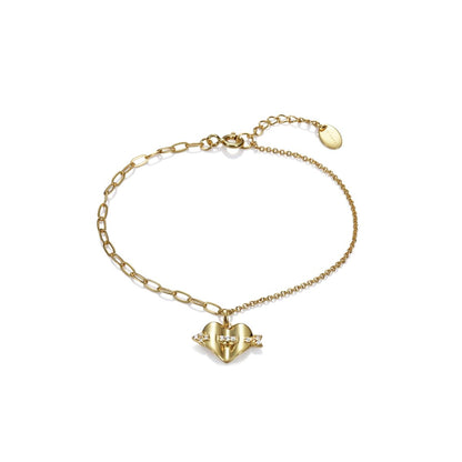 Gold heart bracelet with delicate chain and clasp, elegant and stylish design, perfect accessory for any outfit.