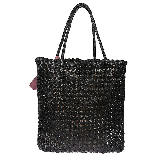 VIPERA Montale tote bag black leather with weaving and removable shoulder strap, stylish shopping bag for everyday use.