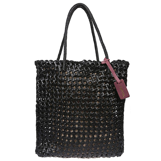 VIPERA Montale tote bag, black woven leather shopping bag with removable strap, stylish and spacious, ideal for fashion-forward shoppers.