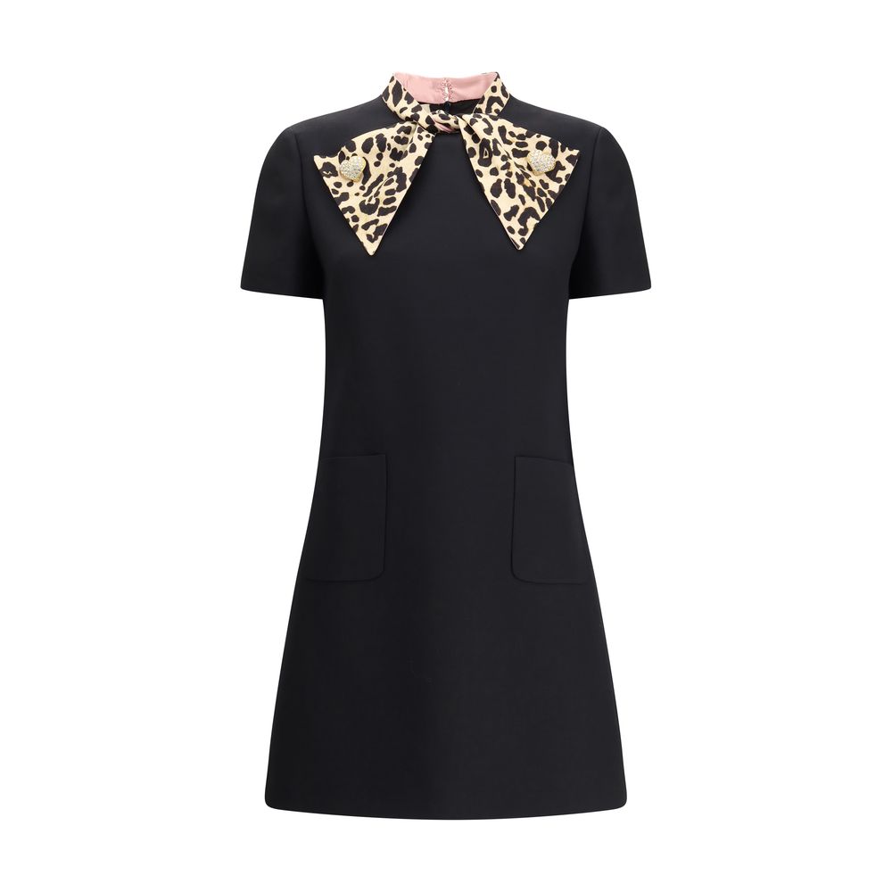 Alt Tag: Valentino Black Fleece Wool Casual Dress with animal bow and jeweled buttons, featuring a heart-shaped design for a bold touch.