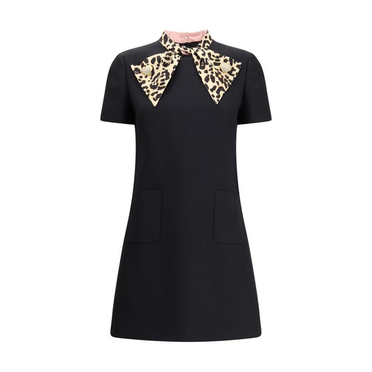 Alt Tag: Valentino Black Fleece Wool Casual Dress with animal bow and jeweled buttons, featuring a heart-shaped design for a bold touch.