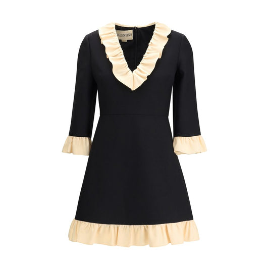 Valentino Black Fleece Wool Cocktail Dress with V-neckline and voile embellished sleeves for elegant evening wear.