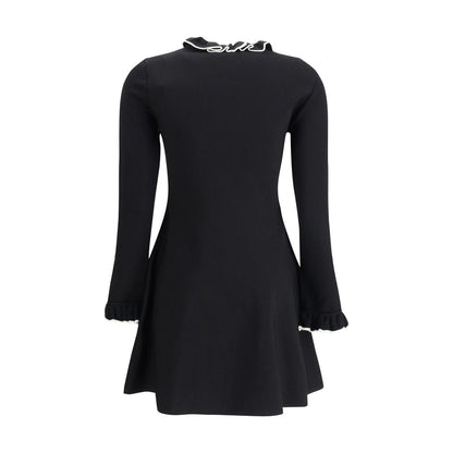 Valentino Black Viscose Casual Dress with ruffled high neck and sleeves, flared silhouette, suitable for AW25 season, back view.