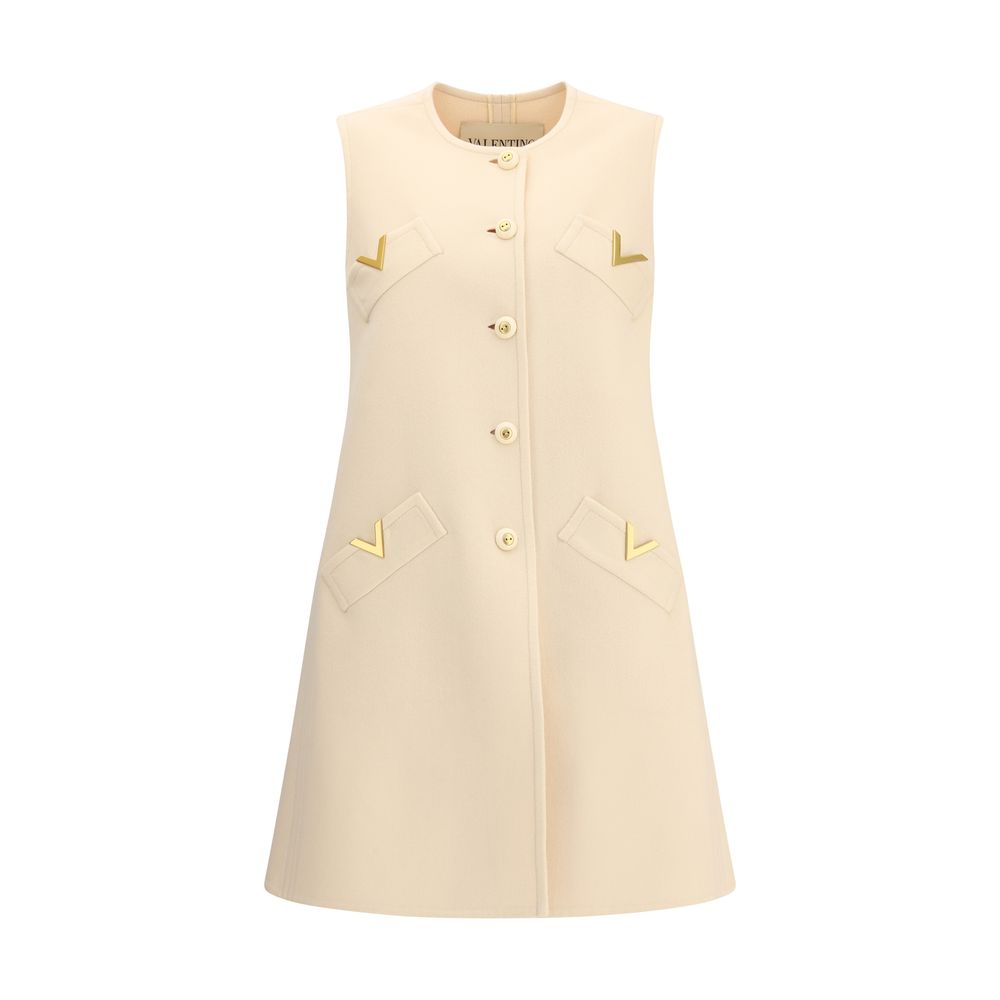 Valentino Cream Fleece Wool Clothing - long vest with buttons, gold V logo, virgin wool and cashmere blend, four welt pockets, AW25.