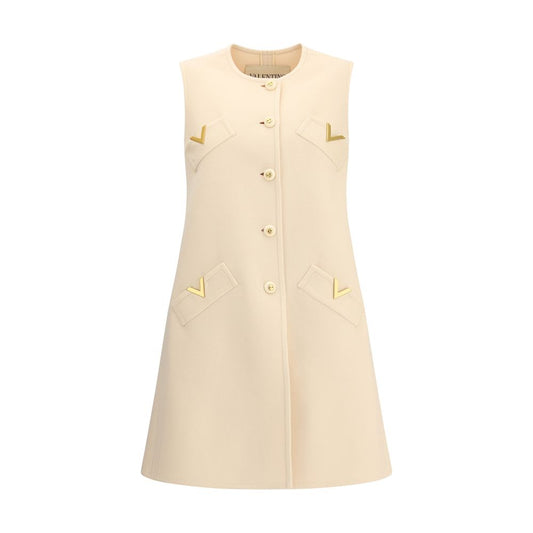 Valentino Cream Fleece Wool Clothing - long vest with buttons, gold V logo, virgin wool and cashmere blend, four welt pockets, AW25.