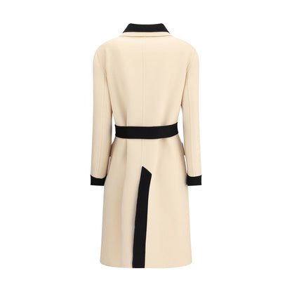 Back view of Valentino Cream Fleece Wool Coat with black collar and belt showcasing classic elegance and modern details.